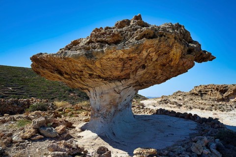 Single mushroom shaped rock casts shadow on the dry environment with blue sky, mushroom rock,
