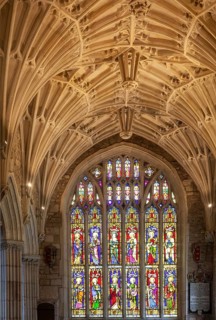 Fan-vaulted ceiling stained glass east window, The Dorset Aisle, Church of Saint Mary, Ottery St