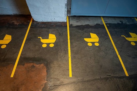 Yellow markings, stroller parking spaces, Ålesund or Alesund, Møre og Romsdal Fylke, Norway