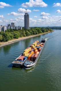 Low water in the Rhine near Cologne, looking north, Mülheimer Rheinbrücke, container freighter