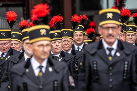 The Ruhrkohle Choir, Bergmannschor, in traditional miner dress with mountain smock and chess hat