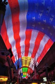 Glowing dome roof depicting a large American flag in colorful stripes, Las Vegas, Nevada, USA