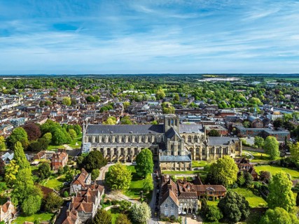 Winchester Cathedral from a drone, Winchester, Hampshire, England, United Kingdom