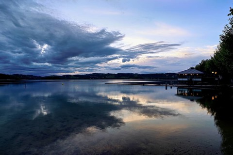 Cloud formation over Lac d'Aiguebelette, Large Natural Lake, at the foot of the Épine Mountains,