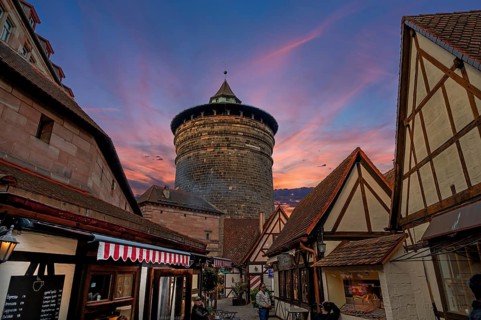 Handwerkerhof and historic Frauenturm with evening sky, Nuremberg, Middle Franconia, Bavaria,