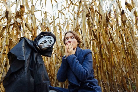 Woman with frightened face near figure with death mask in cornfield on Halloween