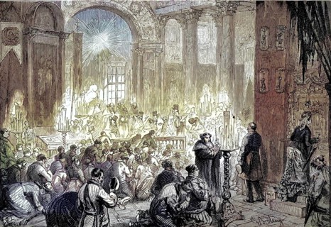Prayer scene in the Kazan Cathedral in Saint Petersburg, Russia. The depiction shows praying crowds