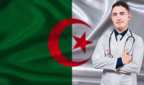 Portrait of medical professional on Algeria flag background. Algerian national health system