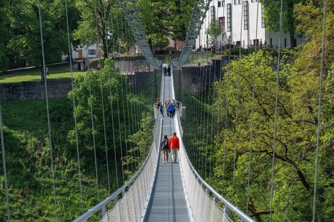 The Neckarline, a pedestrian suspension bridge up to 60 meters high with a wingspan of 606 meters