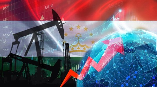 Oil production with Tajikistan flag, petrol industry. Oil pumps with Tajik flag