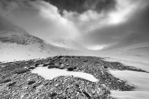 Snowy mountain landscape, Kebnekaisefjäll, Norrbotten, Lapland, Sweden, March 2018