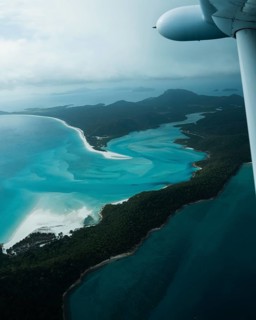 Aerial view of Whitsunday Island beach with airplane propeller, Airlie Beach, Queensland, Australia