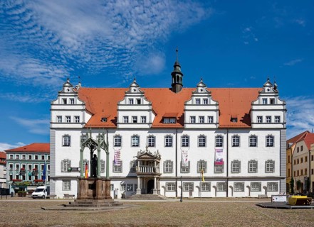 Market square with town hall, Luther monument by Johann Gottfried Schadow, Luther city Wittenberg,