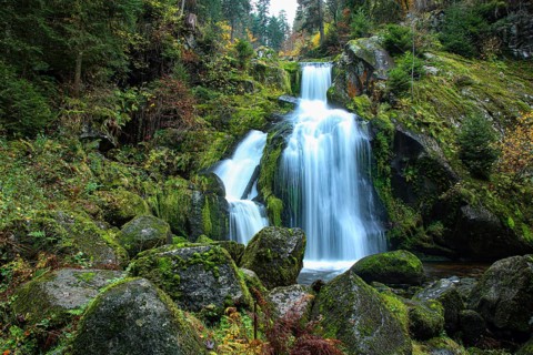 Large waterfall flows over green, mossy rocks in a dense forest, upper part of the Triberg