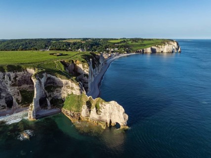Aerial view of the Falaise d'Amont rock formation with the Porte d'Amont rock gate, Porte d'Aval