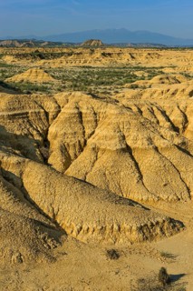 Rock formation caused by erosion in the morning light in the Bardenas Reales Natural Park, Navarra,