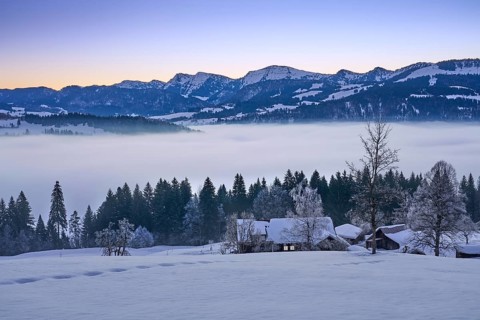 Moodx sunrise over the mountains of the Nagelfluh mountain chain in the Allgaeu Alps with Hochgrat