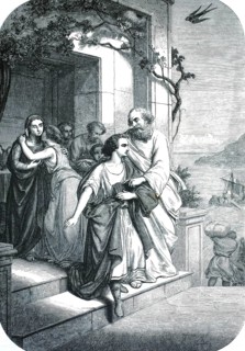 Biblical scene: The young Tobias bids farewell to his parents. In the foreground, the young Tobias