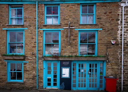 Facade, windows, doors, light blue, residential building, Falmouth, Cornwall, England, Great