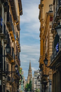 A street in the old town with a view of the Cathedral of the Good Shepherd (Catedral del Buen