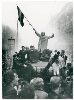 Badapest, uprising October 23, 1956, Soviet tank, taken possession, eventful street scene with