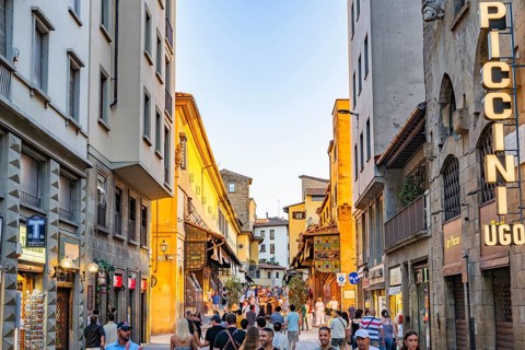 Piazza de' Pitti Street going through the city at sunset, Florence, Tuscany, Italy