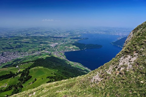 View from Rigi Kulm of Lake Zug with the narrowest point of the Kiemen, Canton of Lucerne,