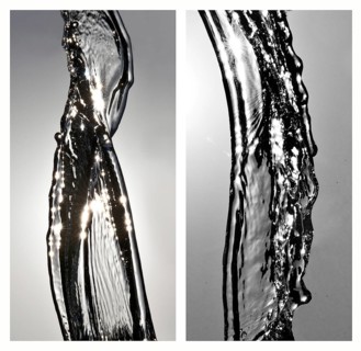 A pair of images of water moving in backlight in front of the sun frozen by short exposure
