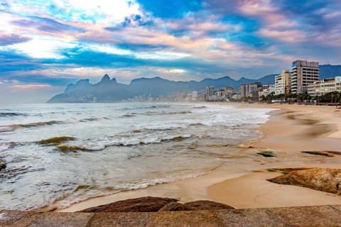 The sea and the city in front of Ipanema beach in the city of Rio de Janeiro, Ipanema Beach, Rio de