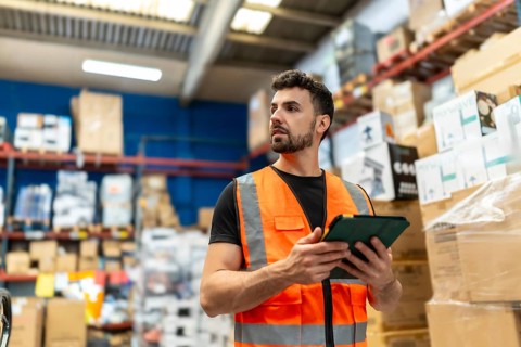 Warehouse worker wearing an orange safety vest holding a digital tablet and looking away in a large