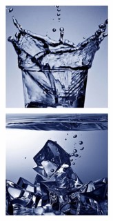 Picture pair, ice cube cubes have fallen into a water glass in blue duplex toning