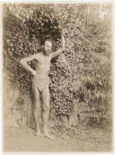 Lebensreform, man, 10-day fast, ascetic, A bearded man with minimal clothing poses thoughtfully in