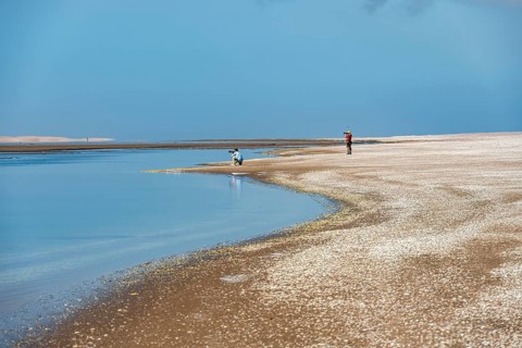 Two photographers taking pictures, sandy beach at the Sandwich Harbour lagoon, impressive desert