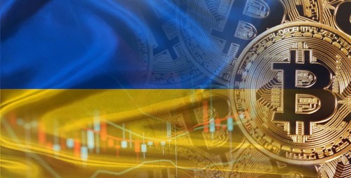 Bitcoin cryptocurrency with Ukrainian flag. Investors in Blockchain Technology with Ukraine flag