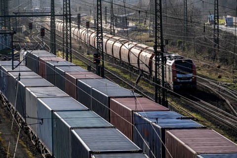 Container trains in the freight yard, so-called installation tracks in Duisburg-Rheinhausen,
