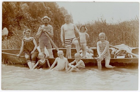 Bathing, swimwear, woman, men, children, leisure, fun, summer, A family in striped bathing suits