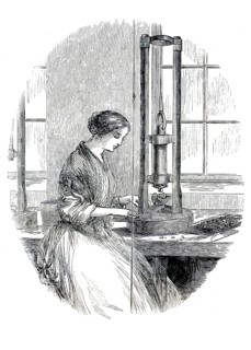 Woman working in a pen factory. The woman uses a punch or press to produce steel springs, 1859,