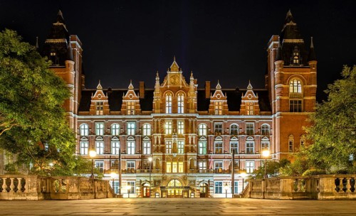 Royal College of Music illuminated at night, South Kensington, London, United Kingdom