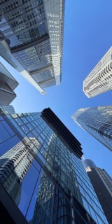 Frog's eye view of skyscrapers in the banking district, Four Frankfurt, Frankfurt am Main, Hesse,