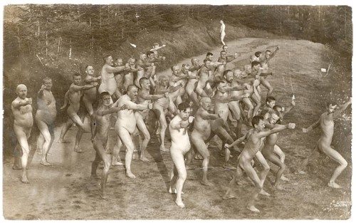 Bathing, Kneipbad, Pubs, Health, Strengthening, A group of men in sporting poses on a street in the