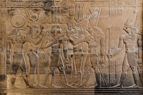 Reliefs and hieroglyphs, Kom Ombo temple, Upper Egypt, Egypt