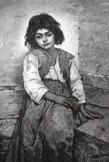 A young girl with dark, shoulder-length hair and a thoughtful or melancholy expression. The Italian