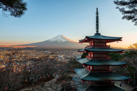 Five-story pagoda of a Shinto Shrine, Chureito Pagoda, with views of Fujiyoshida City and Mount