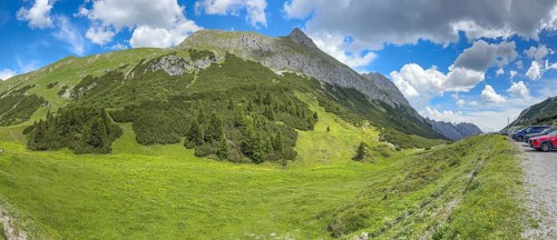 Hahntennjoch pass with right edge of parking strip, Tyrol, Austria