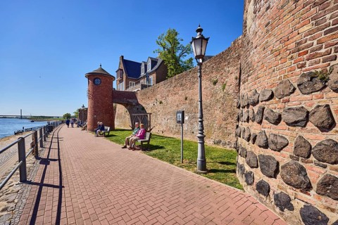 Rhine river, general architecture, houses, brick wall, Rhine level Rees, level tower, metal