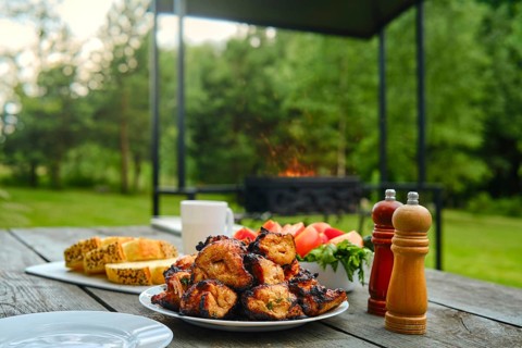 Grilled chicken and vegetables outdoors on sunny day in garden with barbecue on background