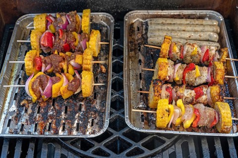 Meat and vegetable skewers on the grill, Bavaria, Germany