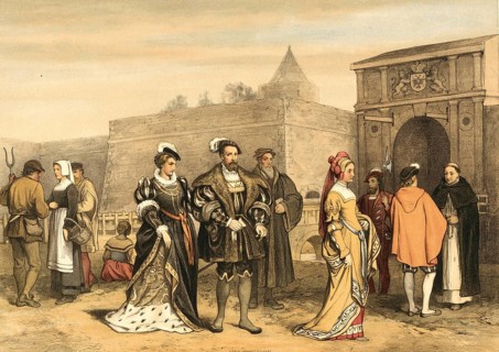 Scene shows nobles, clergy, citizens and farmers in typical 16th century clothing in front of a