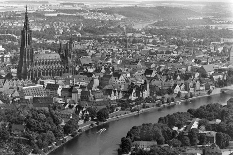 Historical aerial view of Ulm Danube with Münster from 1961, Ulm, Baden-Württemberg, Germany
