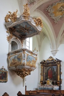 Baroque magnificent pulpit with pulpit dome built in 1627, interior view, handicrafts, painting,